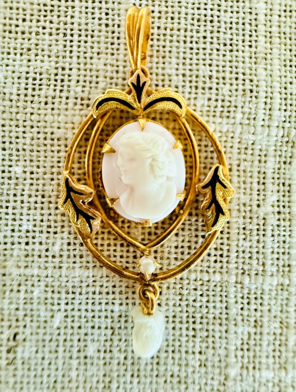 Antique 10K Gold Shell Cameo Pendant Black Enamel Pearl Drop Victorian Style